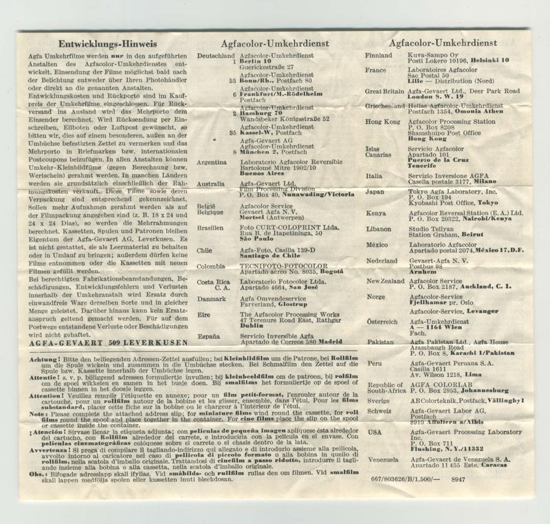 Agfa Agfacolor Reversal Film CK 35mm film box leaflet