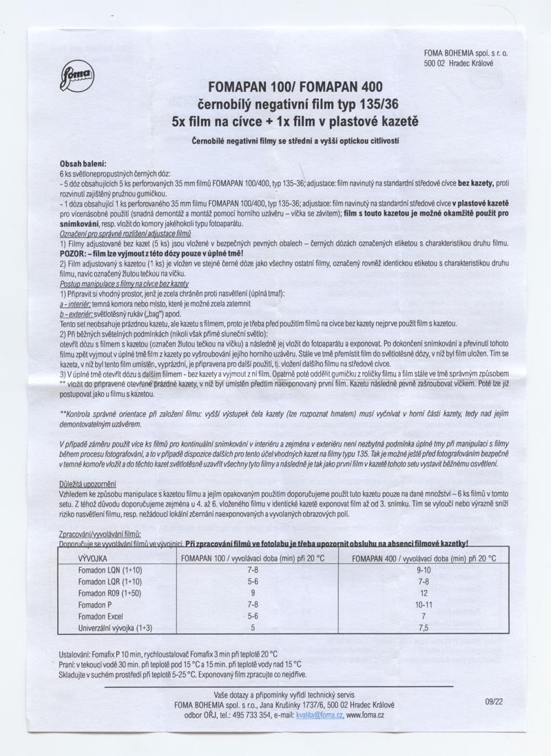 Foma Fomapan 400 Set 35mm film box leaflet