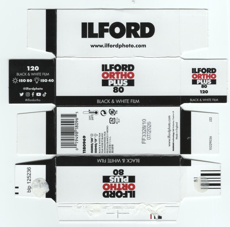 Ilford Ortho Plus 120 film box outside