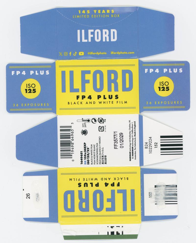 Ilford FP4 Plus 35mm film box outside