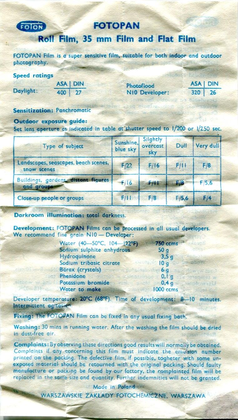 Foton Fotopan 35mm film box leaflet