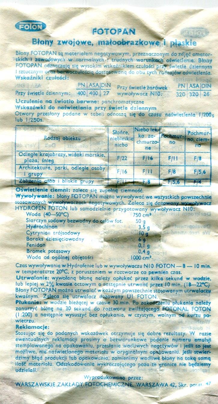 Foton Fotopan 35mm film box leaflet