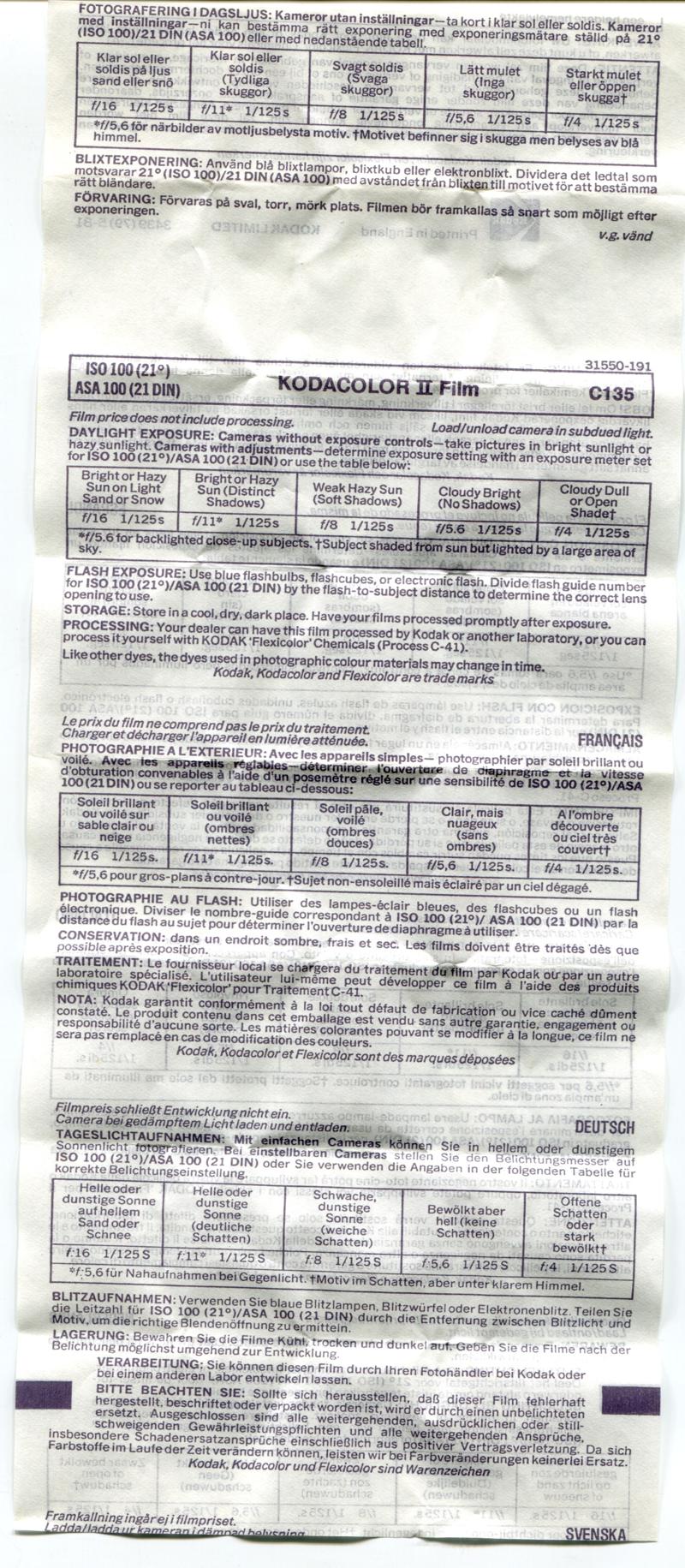 Kodak Kodacolor II 35mm film box leaflet