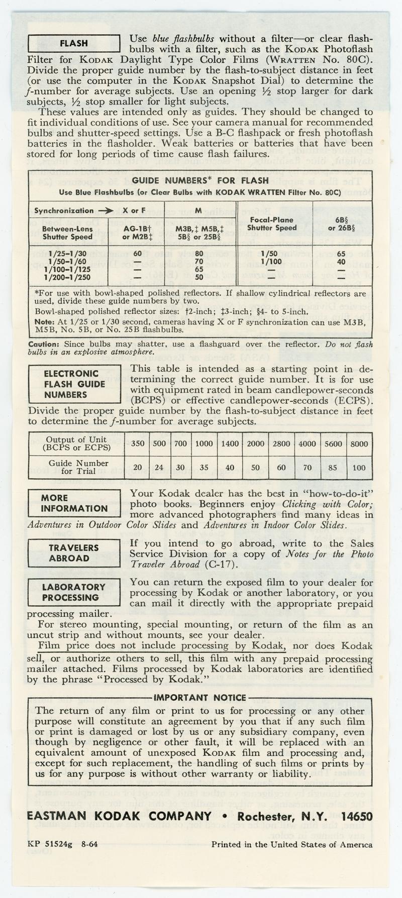Kodak Kodachrome II 828 film box leaflet
