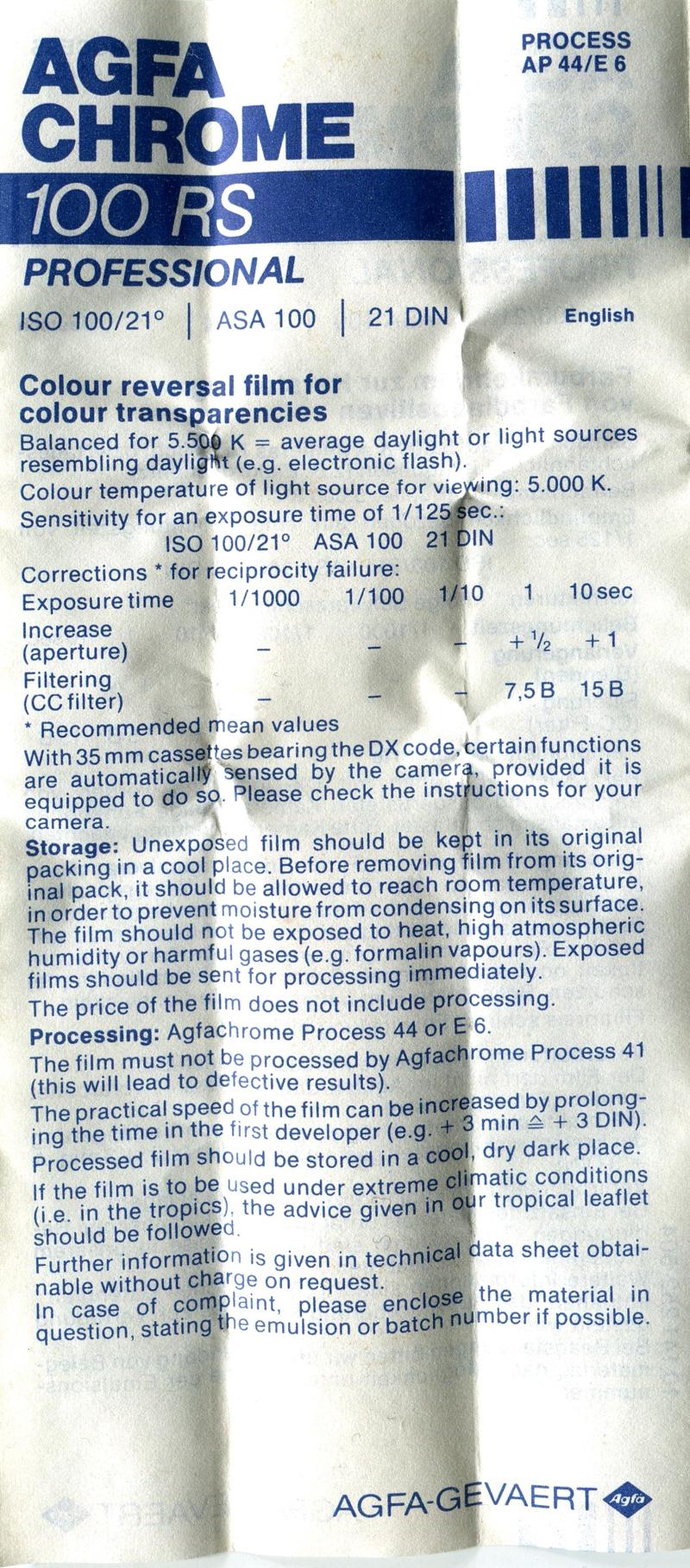 Agfa AgfaChrome 100RS 120 film box leaflet