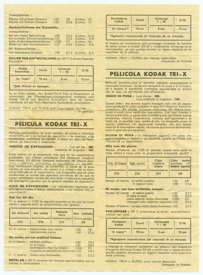 Kodak Tri-X 35mm film box leaflet