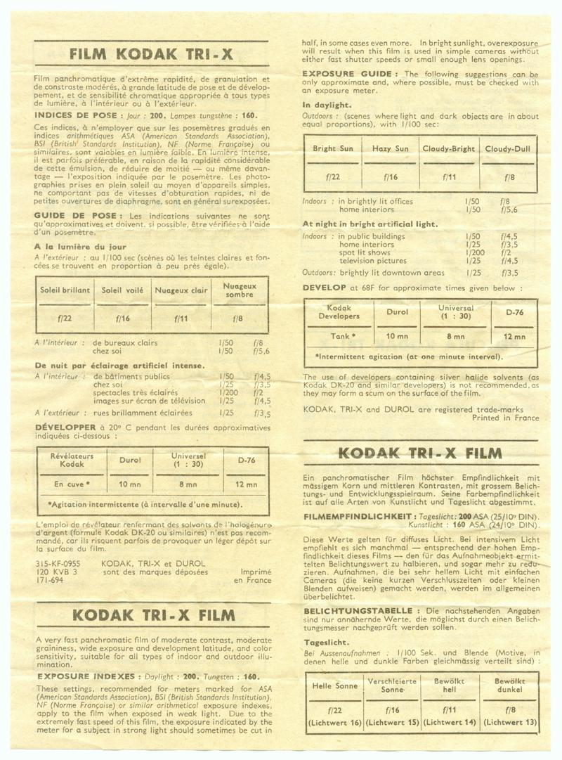 Kodak Tri-X 35mm film box leaflet