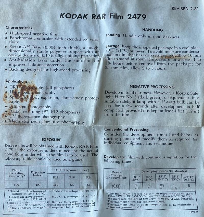 Kodak RAR Film 2479 70mm film box leaflet