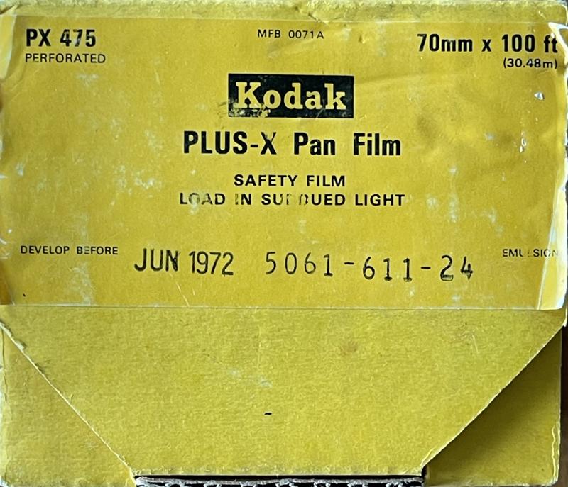 Kodak Plus-X Pan 70mm film box outside
