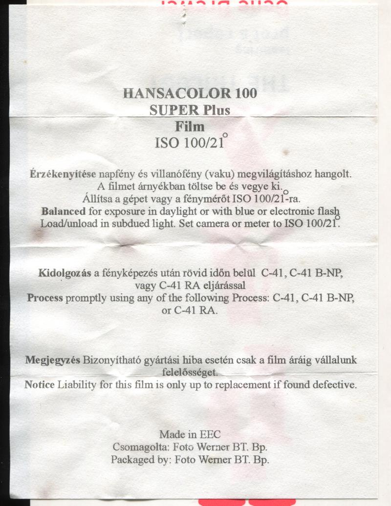 Hansa Hansacolor 100 Super Plus 35mm film box inside
